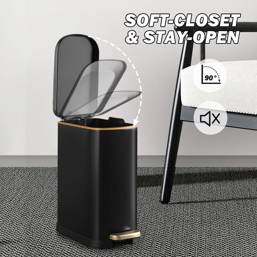 Bathroom Trash Can with Soft-Close Lid 3.5 Gallon Stainless Steel Garbage Can with Removable Inner Bucket Slim Trash Bins for Bedroom, Office (Matte Black)