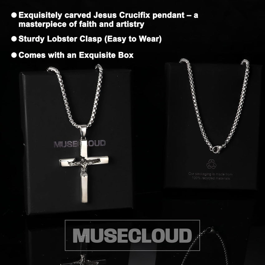 925 Sterling Silver Crucifix Necklace Men - 3D Jesus Relief Cross Savior Pendant with Stainless Steel Box Chain Catholic Crucifix Necklaces Large Christian Jewelry for Women Mens 18-26 inch