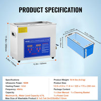 VEVOR Commercial Ultrasonic Cleaner 6L Professional Ultrasonic Cleaner 40kHz with Digital Timer&Heater 110V Excellent Cleaning Machine for Watch Instruments Industrial Parts Excellent Cleaner Solution