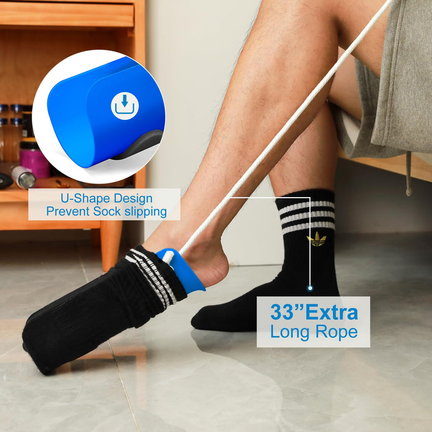 Jellas Sock Aid Kit, Flexible Sock Aid Device with Long Rope - Sock Puller aid Easy on and Off Device for Putting On and Removing Socks or Stockings, Sock Helper for Independence and Comfort (White)