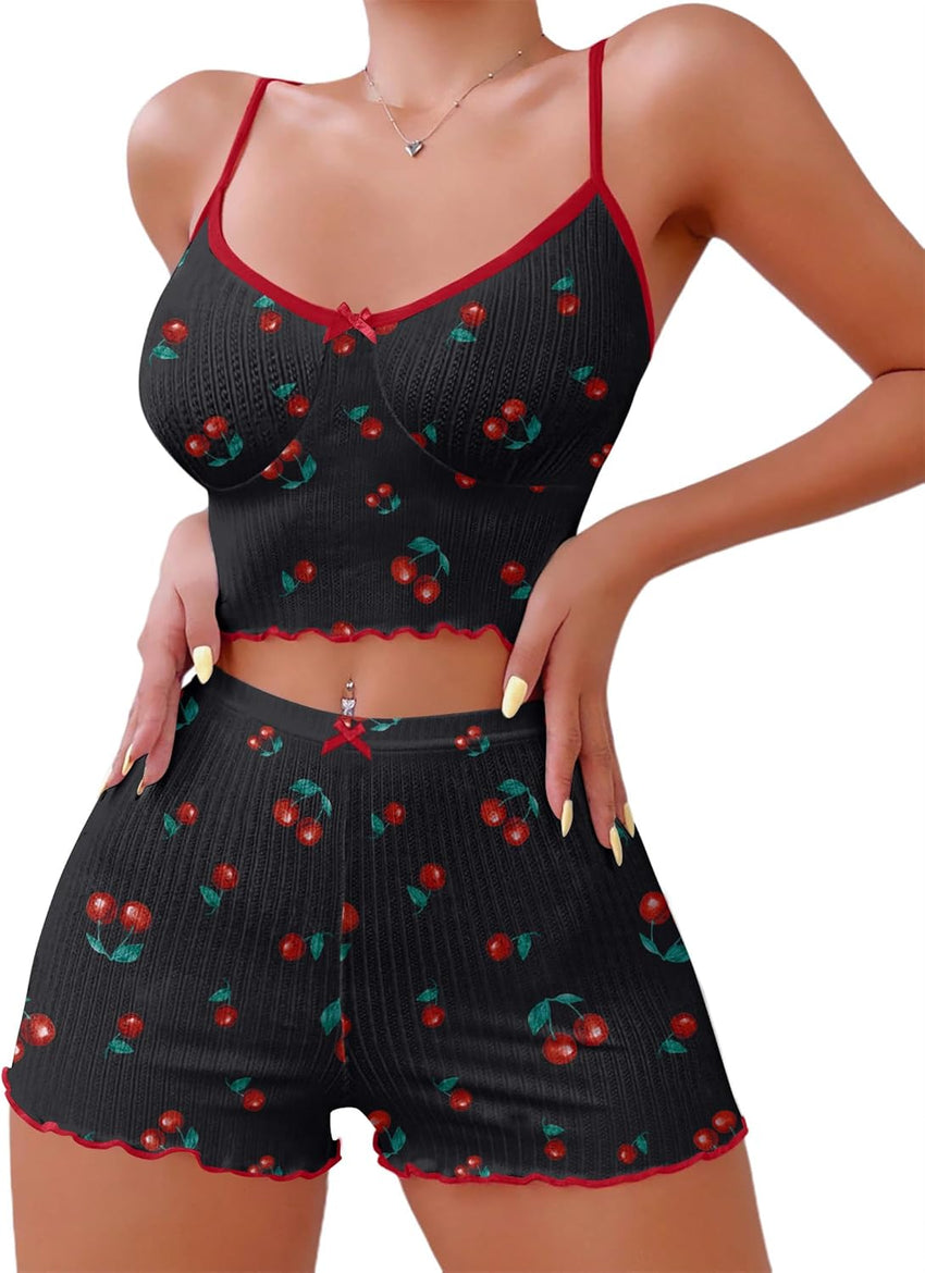 Hilinker Womens Graphic Print Ribbed PJ Set Crop Cami Tops and Shorts Cute Pajamas Set