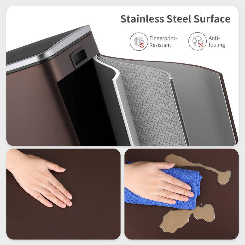 Arlopu 16 GallonStainless Steel Trash Can, 60L Dual Compartment, Metal Kitchen Step Recycle Bin, Metal Double Dustbin, in-Home Garbage Rubbish Can W/Removable Liner Buckets (Brown)