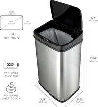 Ninestars Automatic Touchless Infrared Motion Sensor Trash Can, 13 Gal 50L, Stainless Steel Base (Rectangular, Black Lid), Black Trim