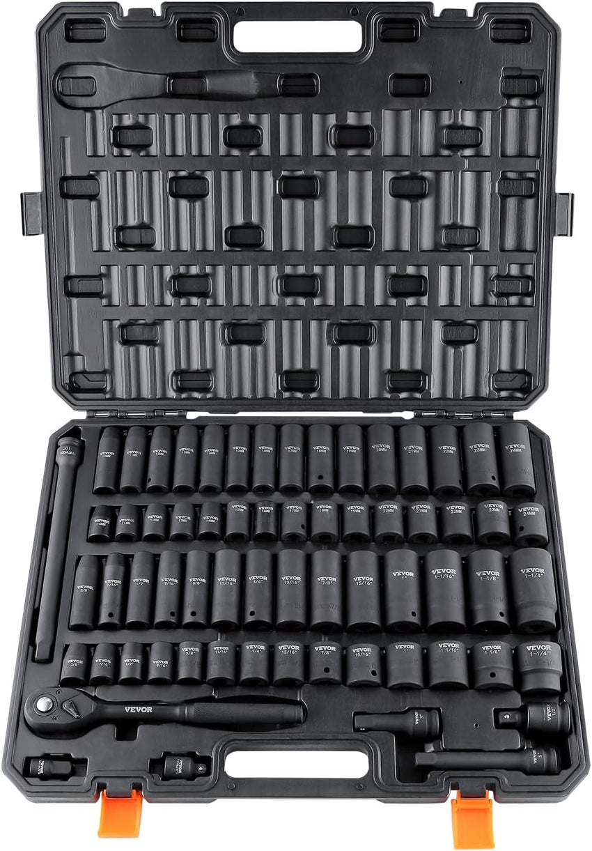 VEVOR 1/2" Drive Impact Socket Set, 65 Piece SAE 3/8" to 1-1/4" and Metric 10-24mm, 6 Point Cr-V Alloy Steel for Auto Repair, Easy-to-Read Size Markings, Rugged Construction, Storage Case