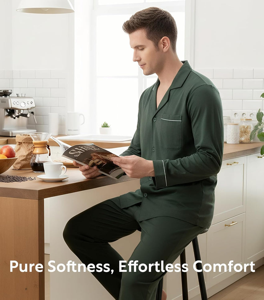 DAVID ARCHY Mens Pajamas Set Soft Cotton Notched Collar Pajamas for Men Long Sleeve Mens Sleepwear with Pockets & Front Fly