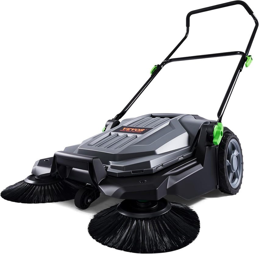VEVOR Walk-Behind Hand Push Floor Sweeper, 25.6" Sweeping Width Floor Sweeper Manual Non-Electric, 5-Gallon Waste Container, Angle & Height Adjustable Folding Handle for Walkway, Yard, Garage, Patio