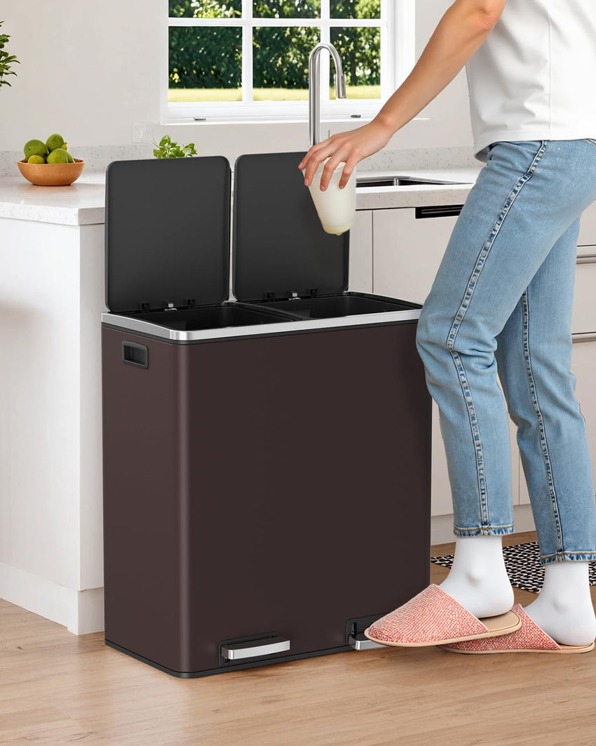Arlopu 16 GallonStainless Steel Trash Can, 60L Dual Compartment, Metal Kitchen Step Recycle Bin, Metal Double Dustbin, in-Home Garbage Rubbish Can W/Removable Liner Buckets (Brown)