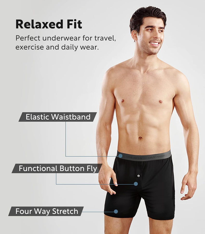 DAVID ARCHY Mens Underwear Bamboo Rayon Boxers for Men Breathable and Cool Men's Boxer Shorts with Button Fly 3 or 5 Pack