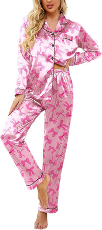 Ekouaer Womens Satin Pajama Set Classic Pattern Silky Pj Sets Button Down Sleepwear Loungewear