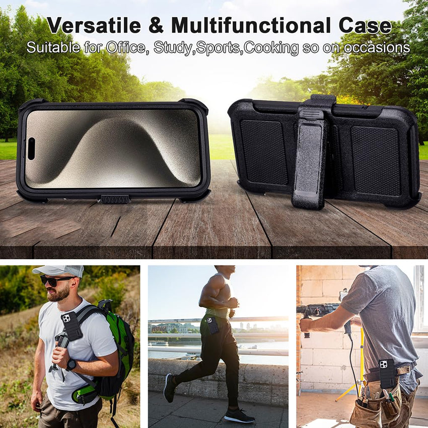for Phone Case iPhone 15 Pro Max Case Black with Belt Clip Heavy Duty Holster for Shockproof Cases,3 Layers of Sturdy,Military Grade Defender Cover for iPhone 15 Pro Max Cases Black 6.7 Inch