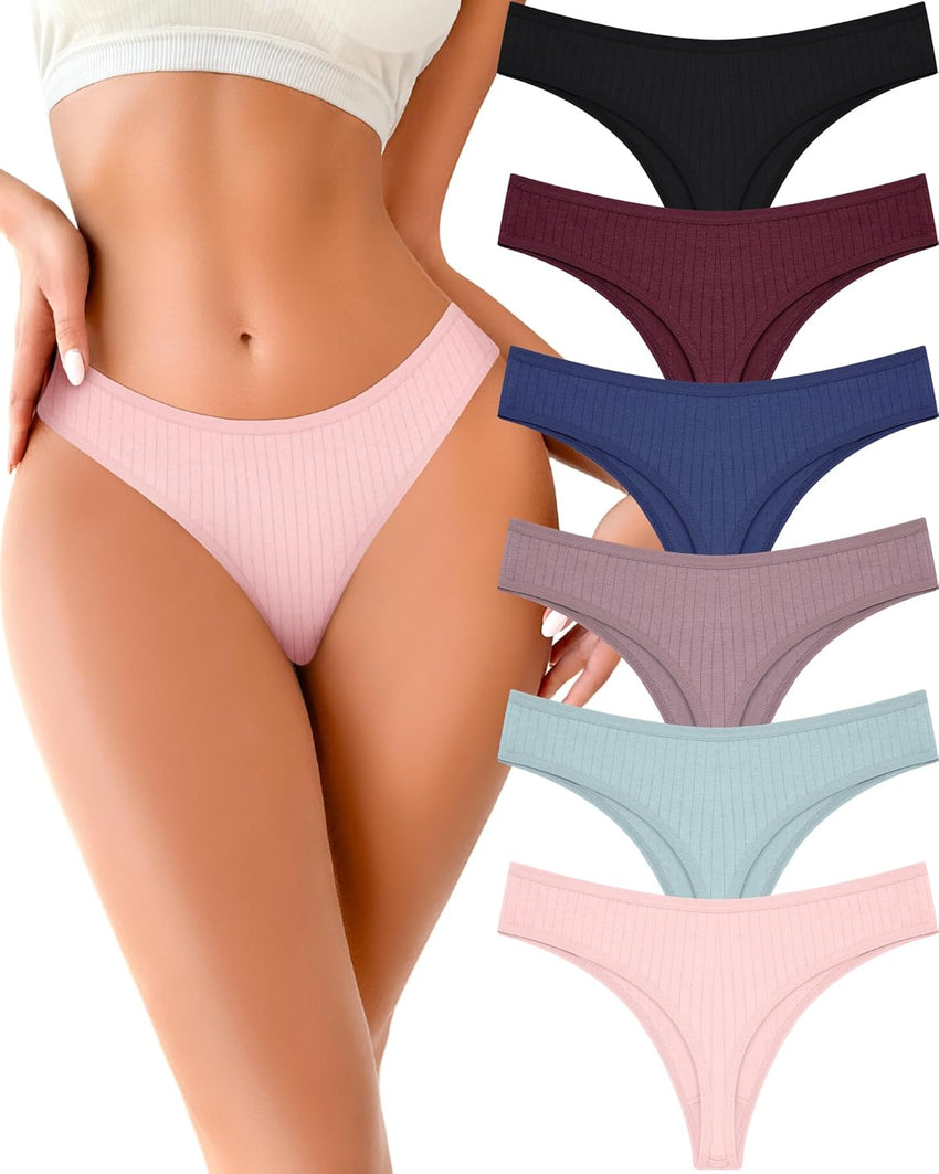 FINETOO Cotton Thongs for Women Soft Low Rise Sexy Thong Ladies Panties Womens Underwear 6 Pack S-XXXL