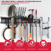 48" Heavy Duty Garage Wall Organizer, Wall Mount Tool Storage Rack with Adjustable Hooks, Garden Tool Organizer Hold Up to 300lbs, Easy Installation (3 Panels, 8 Hooks, 3 Straps)