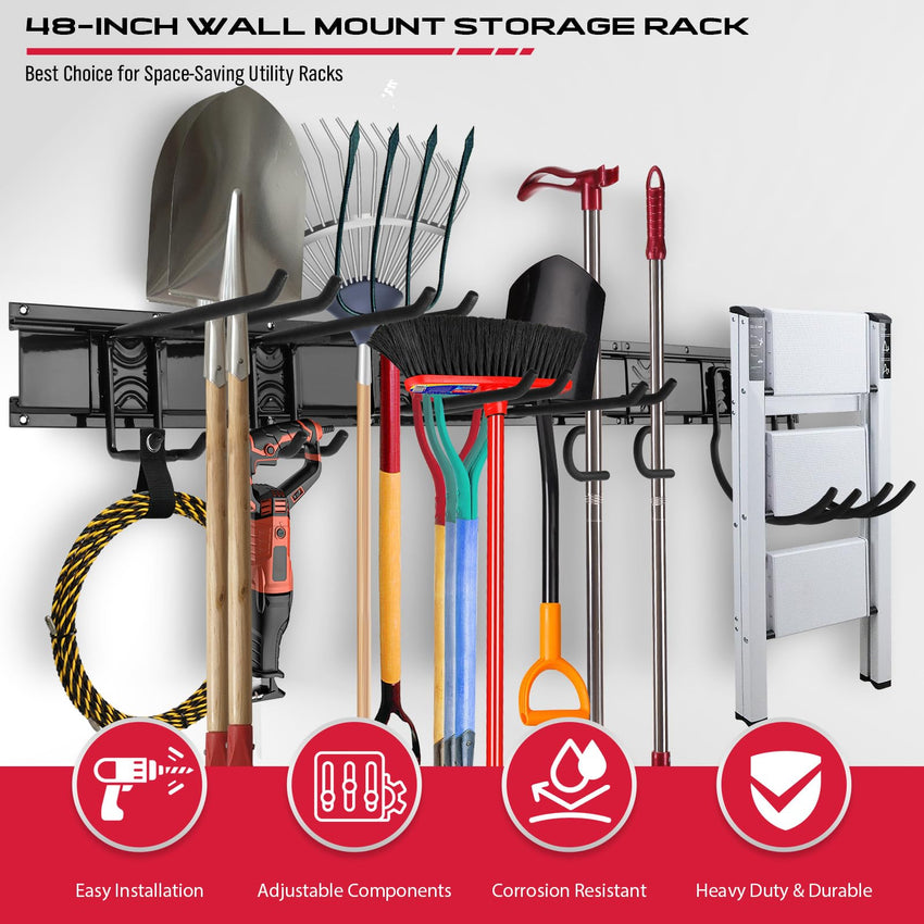 48" Heavy Duty Garage Wall Organizer, Wall Mount Tool Storage Rack with Adjustable Hooks, Garden Tool Organizer Hold Up to 300lbs, Easy Installation (3 Panels, 8 Hooks, 3 Straps)