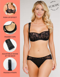 Rosme Women's Balconette Bra with Push Up Effect Plus Size Sexy Lace Demi Half Cup Bra Underwired Low Cut Mesh Bras Eliza