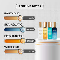 BellaVita Luxury Unisex Cologne Gift Set (4x20ml) | Fragrances Includes Honey OUD, SKAI, FRESH & White OUD | Travel Size Mini Perfumes & Spicy Vanilla Perfume Oil | Unisex Perfume for Women & Men