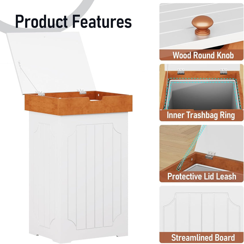 Function Home Trash Can Cabinet, 13 Gallon Kitchen Garbage Can, Wooden Recycling Trash Bin, Dog Proof Trash Can, Trash Cabinet with Lid for Home Kitchen Bathroom, White