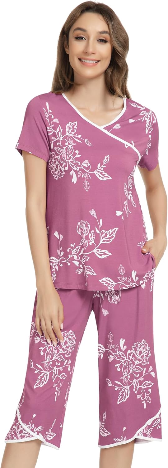 NACHILA Women’s Pajamas-Viscose Made from Bamboo, Short Sleeve Pjs Top with Capri Pajama Sets for Women Cool V Neck Sleepwear