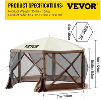 VEVOR 12 * 12ft 6 Sided Pop-up Canopy Shelter Tent with Mesh Windows, Portable Carry Bag, Stakes, Large Shade Tents for Outdoor Camping, Lawn and Backyard, Brown/Beige