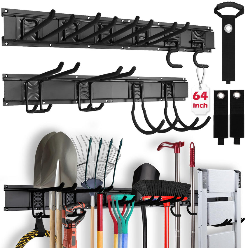 48" Heavy Duty Garage Wall Organizer, Wall Mount Tool Storage Rack with Adjustable Hooks, Garden Tool Organizer Hold Up to 300lbs, Easy Installation (3 Panels, 8 Hooks, 3 Straps)