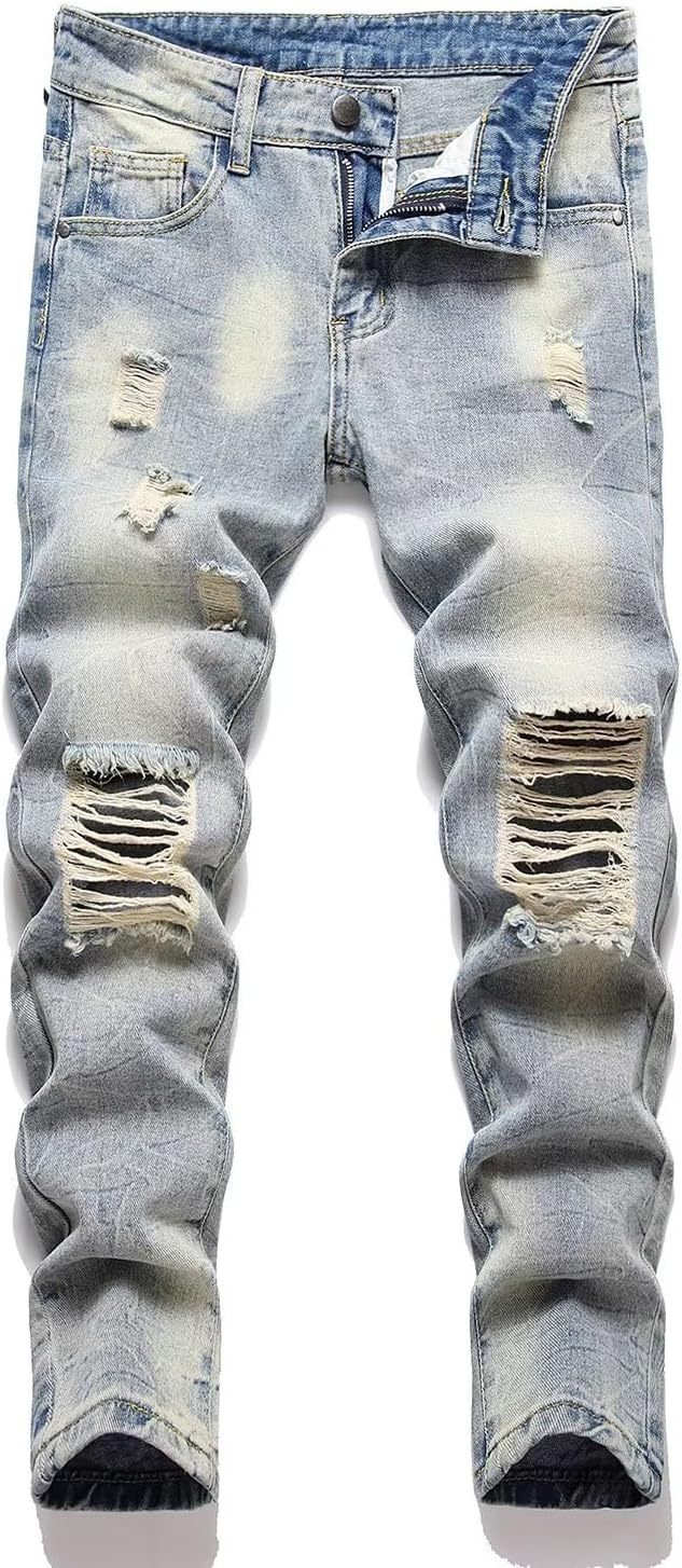 HENGAO Boy's Distressed Ripped Skinny Jeans
