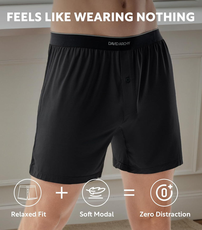 DAVID ARCHY Ultra Soft Modal Boxers for Men, Silky Stretchy Boxer Shorts, Breathable Loose Men's Underwear for Sleep 4 Pack