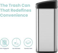 Ninestars Automatic Touchless Infrared Motion Sensor Trash Can, 13 Gal 50L, Stainless Steel Base (Rectangular, Black Lid), Black Trim