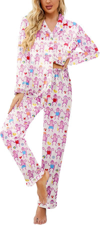 Ekouaer Womens Satin Pajama Set Classic Pattern Silky Pj Sets Button Down Sleepwear Loungewear