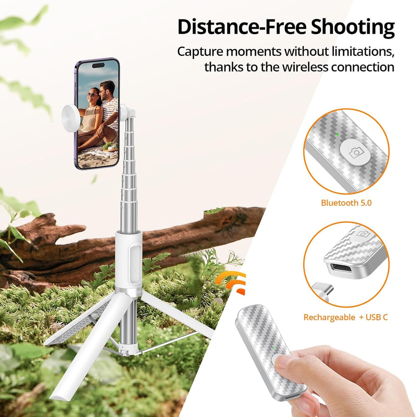 ATUMTEK 62" Selfie Stick Tripod, Extendable Aluminum Tripod with Rechargeable Bluetooth Remote, Compatible with iPhone and Android Smartphones, Perfect for Travel, Vlog, Video and Photo, White