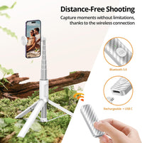ATUMTEK 62" Selfie Stick Tripod, Extendable Aluminum Tripod with Rechargeable Bluetooth Remote, Compatible with iPhone and Android Smartphones, Perfect for Travel, Vlog, Video and Photo, White