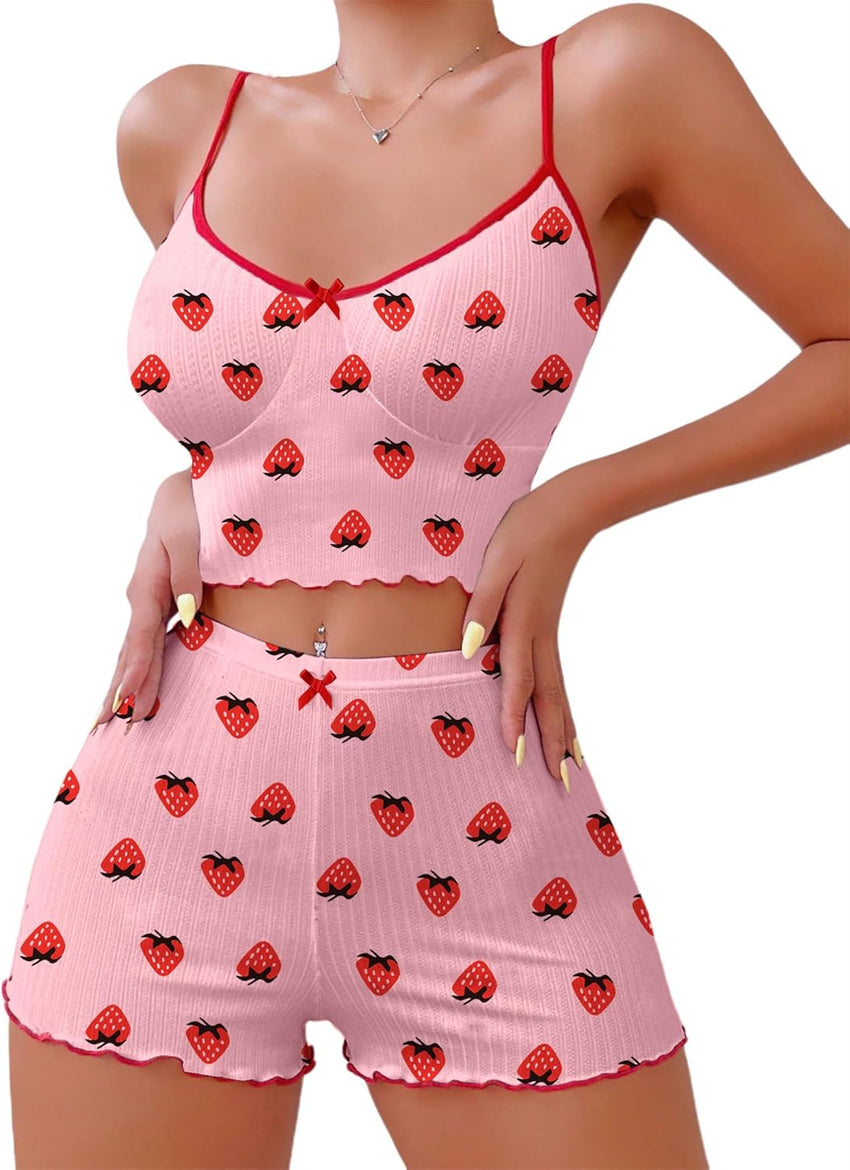 Hilinker Womens Graphic Print Ribbed PJ Set Crop Cami Tops and Shorts Cute Pajamas Set