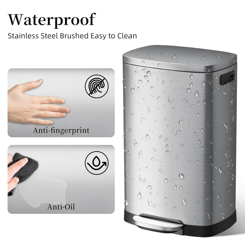 13 Gallon Trash Can with Lid, 50L Fingerprint Proof Stainless Steel Kitchen Trash Can with Removable Inner Bucket and Lid Soft Close, Pedal Rubbish Bin for Home Office(Silver)