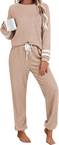 Ekouaer Lounge Sets for Women Ribbed Knit Outfits Pajamas Sets 2 Piece Long Sleeve Sweatsuits with Pockets