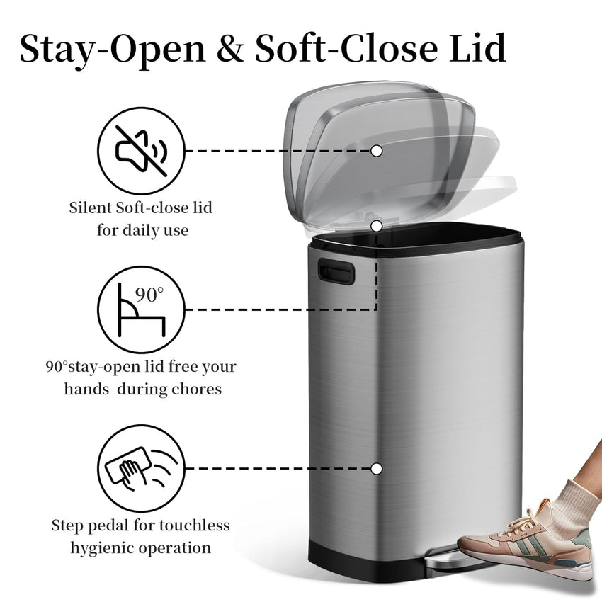 13 Gallon Trash Can with Lid, 50L Fingerprint Proof Stainless Steel Kitchen Trash Can with Removable Inner Bucket and Lid Soft Close, Pedal Rubbish Bin for Home Office(Silver)