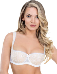 Rosme Women's Balconette Bra with Push Up Effect Plus Size Sexy Lace Demi Half Cup Bra Underwired Low Cut Mesh Bras Eliza