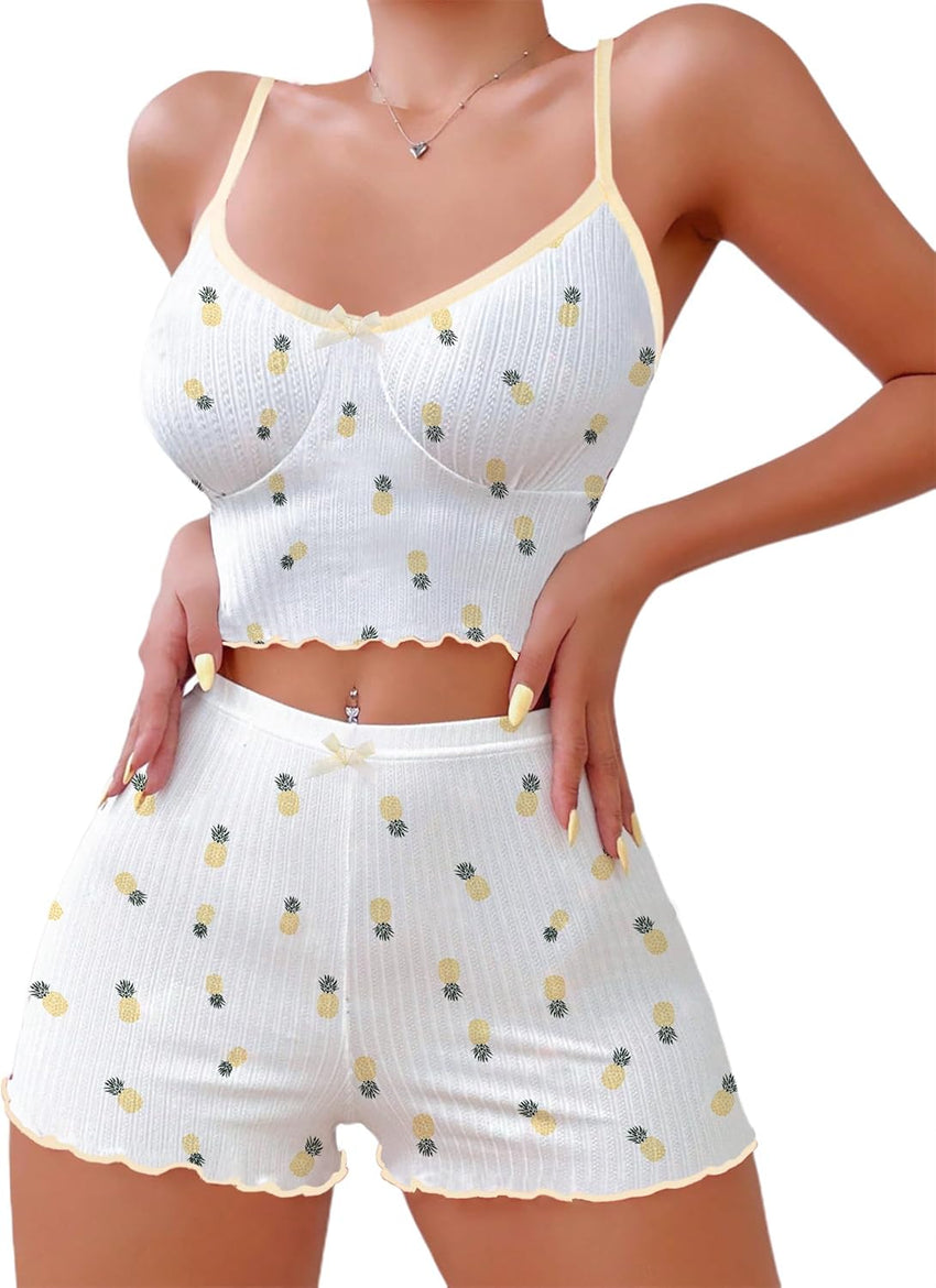 Hilinker Womens Graphic Print Ribbed PJ Set Crop Cami Tops and Shorts Cute Pajamas Set