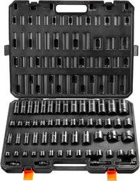 VEVOR Impact Socket Set 3/8" Drive, 48-Piece Standard SAE (5/16 to 3/4 inch) & Metric (8 to 22 mm) Size, Deep & Shallow, 6 Point, CR-V, Extension Bar, Universal Joint, 1/2" F to 3/8" M Reducer