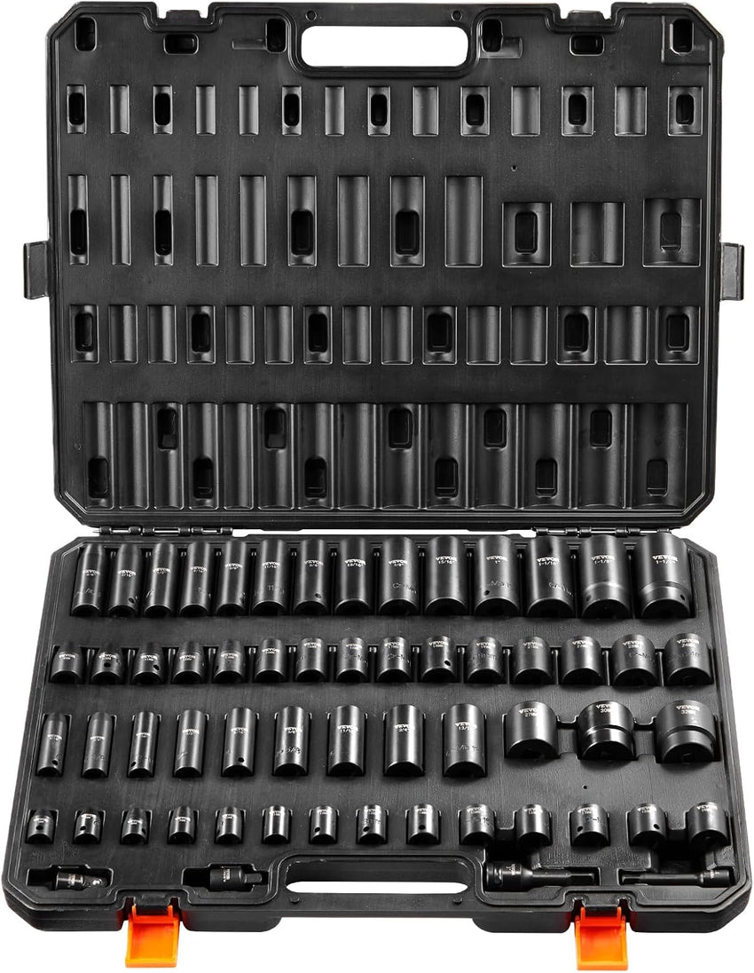 VEVOR Impact Socket Set 3/8" Drive, 48-Piece Standard SAE (5/16 to 3/4 inch) & Metric (8 to 22 mm) Size, Deep & Shallow, 6 Point, CR-V, Extension Bar, Universal Joint, 1/2" F to 3/8" M Reducer