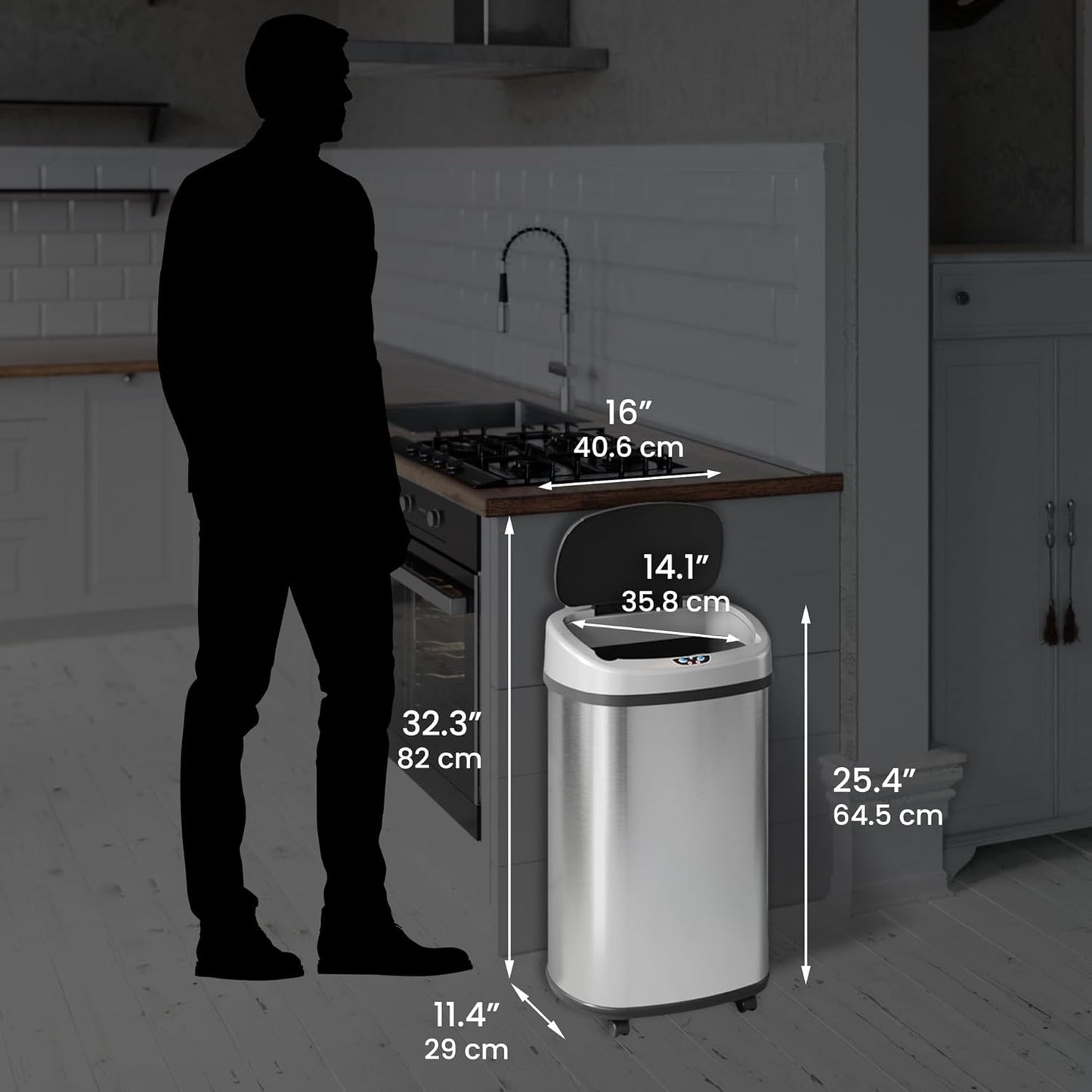 SensorCan 13 Gallon Sensor Trash Can with Wheels and AbsorbX Odor Control System, Stainless Steel, Oval Shape Automatic Kitchen and Office Garbage Bin (Powered by Battery or Optional AC Adapter)