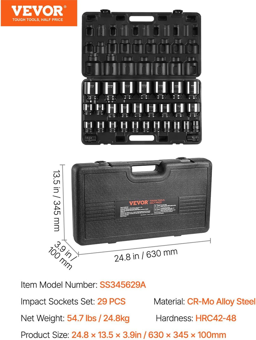 VEVOR Impact Socket Set 3/4 Inches 29 Piece Impact Sockets, 6-Point Sockets, Rugged Construction, CR-M0, 3/4 Inches Drive Socket Set Impact SAE 3/4 inch - 2-1/2 inch, with a Storage Cage