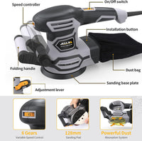 3.8A(450W) Orbital Sander, Jellas 6 Variable Speeds Double Handle Random Orbit Sander, 5-Inch Electric Sander with 18pcs Sandpapers, Dust Collector, Ideal Power Sander for Woodworking(OS450)