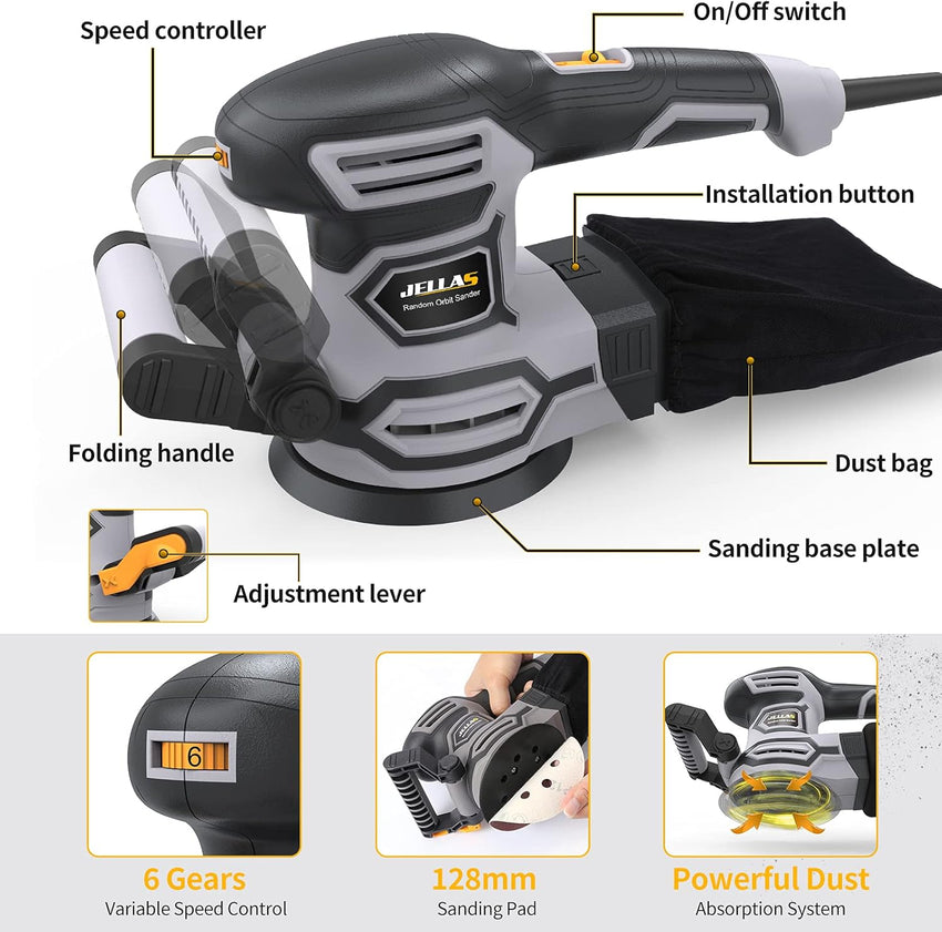 3.8A(450W) Orbital Sander, Jellas 6 Variable Speeds Double Handle Random Orbit Sander, 5-Inch Electric Sander with 18pcs Sandpapers, Dust Collector, Ideal Power Sander for Woodworking(OS450)