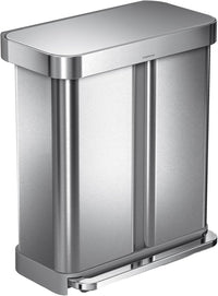 simplehuman 58 Liter / 15.3 Gallon Rectangular Hands-Free Dual Compartment Recycling Kitchen Step Trash Can with Soft-Close Lid, Brushed Stainless Steel