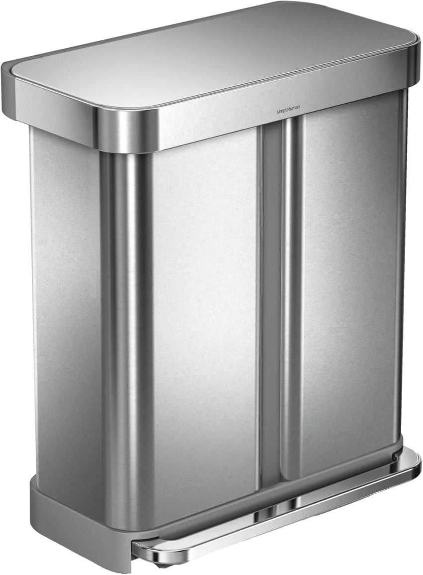simplehuman 58 Liter / 15.3 Gallon Rectangular Hands-Free Dual Compartment Recycling Kitchen Step Trash Can with Soft-Close Lid, Brushed Stainless Steel