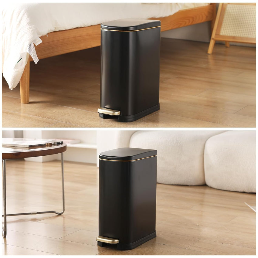 Bathroom Trash Can with Soft-Close Lid 3.5 Gallon Stainless Steel Garbage Can with Removable Inner Bucket Slim Trash Bins for Bedroom, Office (Matte Black)