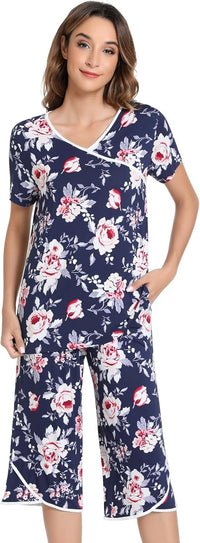 NACHILA Women’s Pajamas-Viscose Made from Bamboo, Short Sleeve Pjs Top with Capri Pajama Sets for Women Cool V Neck Sleepwear
