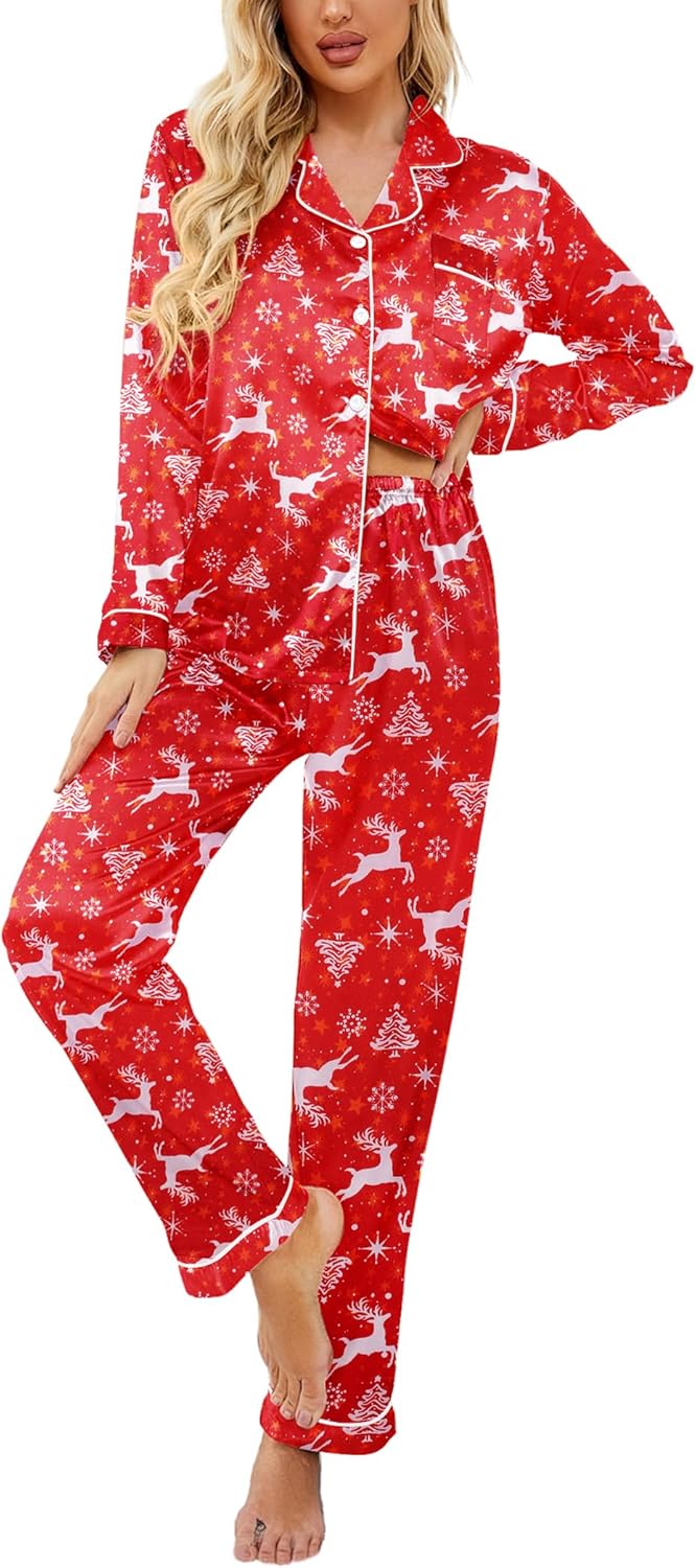 Ekouaer Womens Satin Pajama Set Classic Pattern Silky Pj Sets Button Down Sleepwear Loungewear