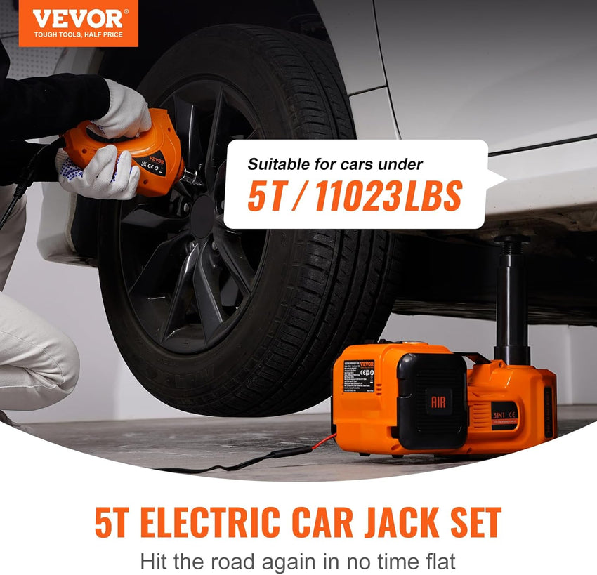 VEVOR Electric Car Jack, 5 Ton/11023 LBS Hydraulic Jack Lift with Electric Impact Wrench, Built-in Inflatable Pump, and LED Light for SUV MPV Sedan Truck Change Tires Garage Repair