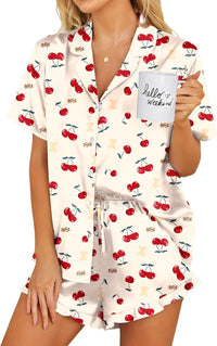 Ekouaer Womens Satin Pajamas Set Button Down 2 Piece Silk Pjs Shorts Set Ruffle Lingerie Notch Collar Sleepwear