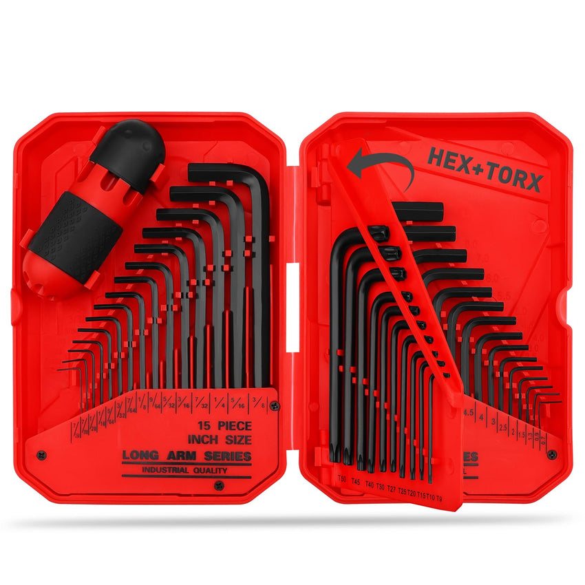 SEDY 32-Piece Hex Key Wrench Set, Metric and SAE Allen Wrenches (0.028-3/8 inch, 0.7-10 mm) L Shape Allen Keys, Chrome Vanadium Steelwith 2x Extension Handle