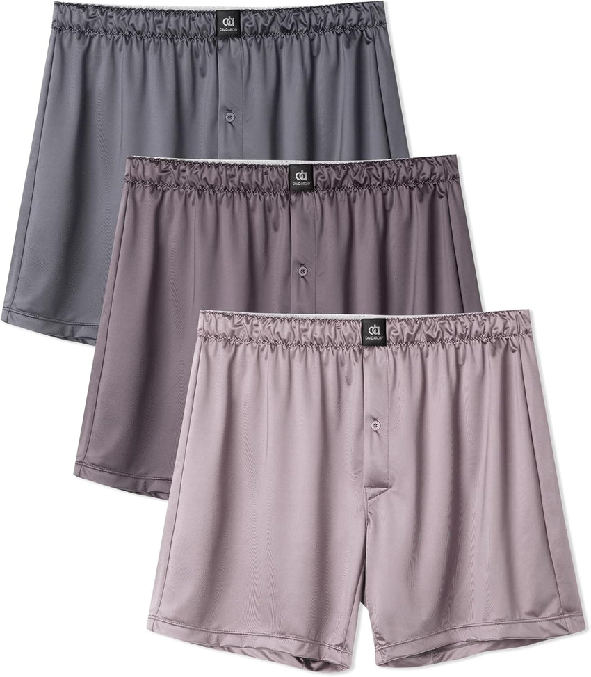 DAVID ARCHY Stretch Satin Boxers for Men, Silk Feeling Boxer Shorts, Breathable Loose Men's Underwear for Sleep 3 Pack